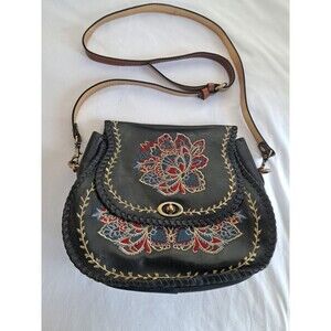 Patricia Nash Arezzo Saddle Bag Black Leather Purse Embroidered